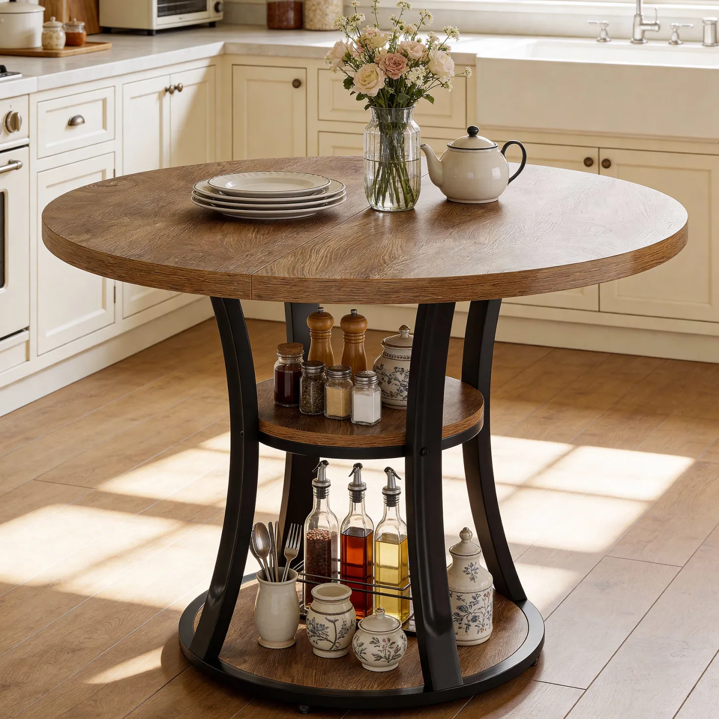 39.37" Round Dining Table, Farmhouse Kitchen Table with Storage for 4 People