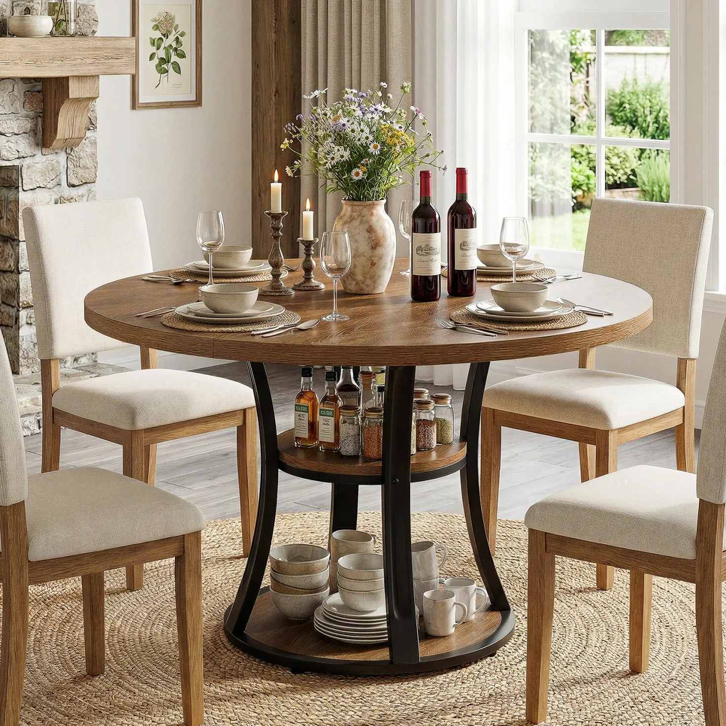 39.37" Round Dining Table, Farmhouse Kitchen Table with Storage for 4 People