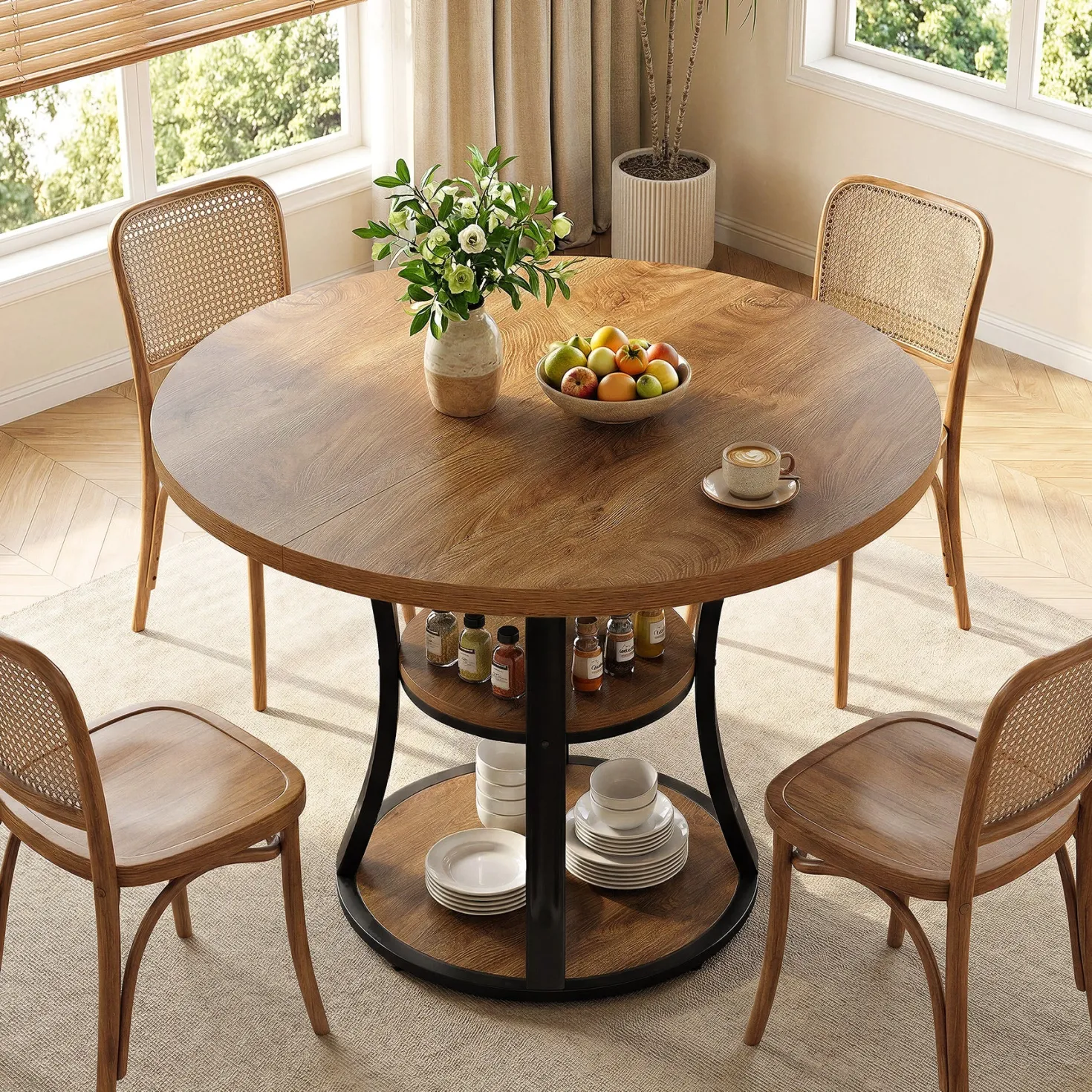 39.37" Round Dining Table, Farmhouse Kitchen Table with Storage for 4 People