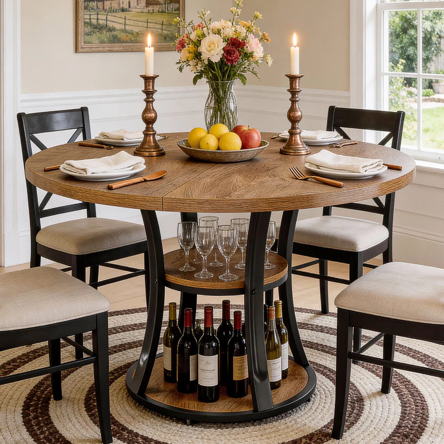 39.37" Round Dining Table, Farmhouse Kitchen Table with Storage for 4 People