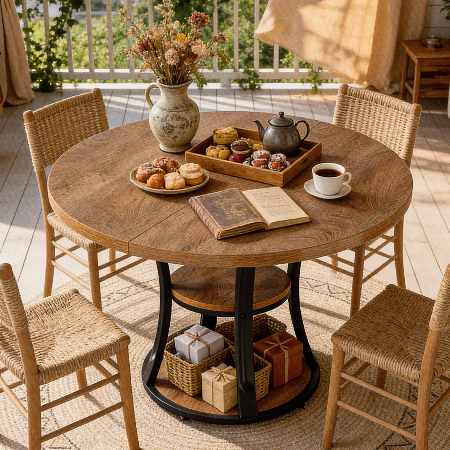 39.37" Round Dining Table, Farmhouse Kitchen Table with Storage for 4 People