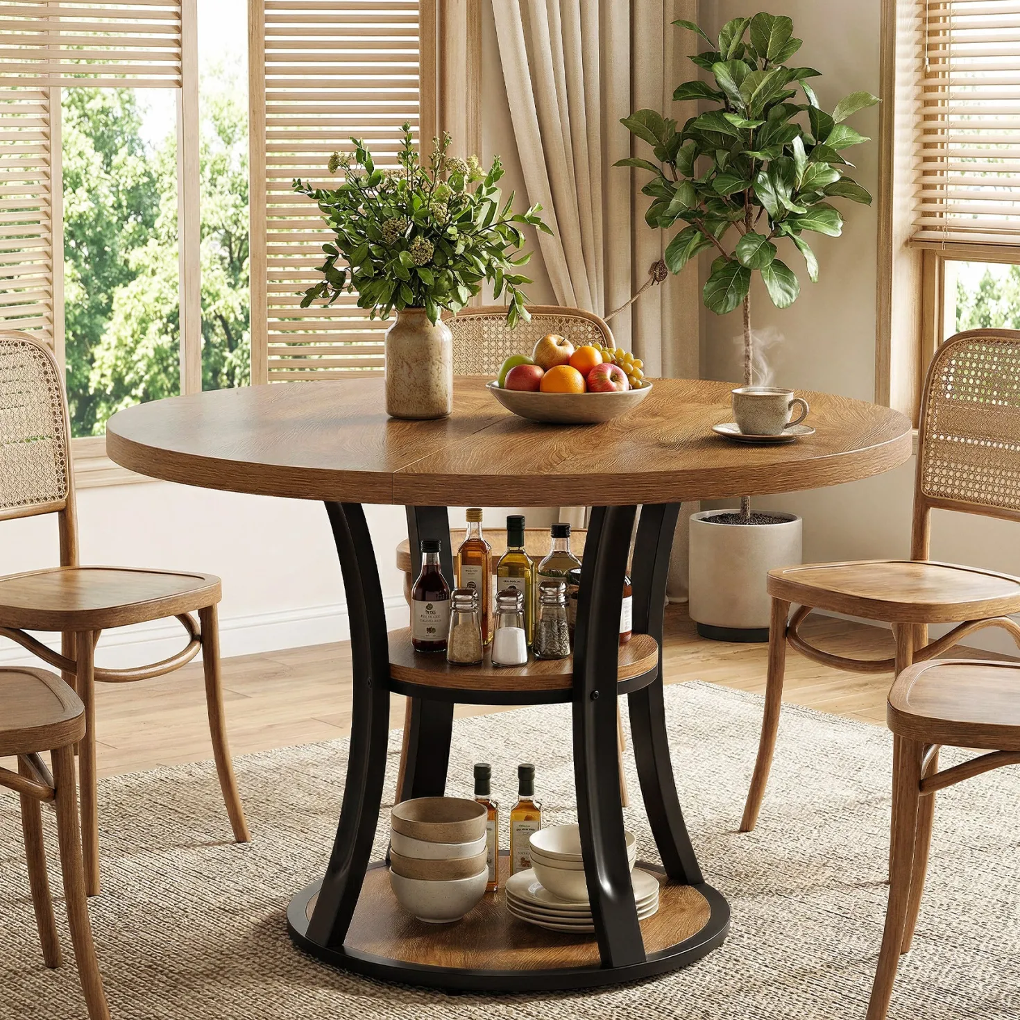 39.37" Round Dining Table, Farmhouse Kitchen Table with Storage for 4 People