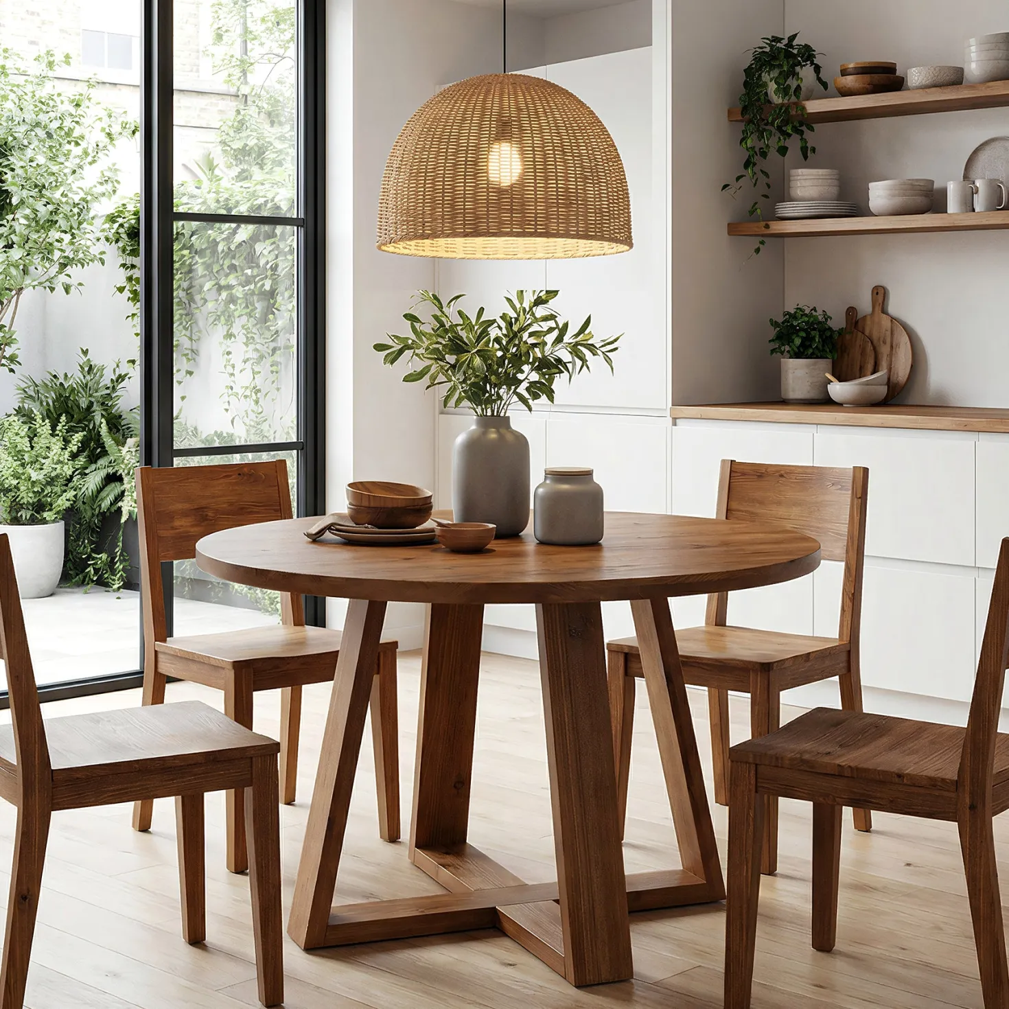 47.2" Round Dining Table, Farmhouse Solid Wood Kitchen Table with Trestle Base for 4