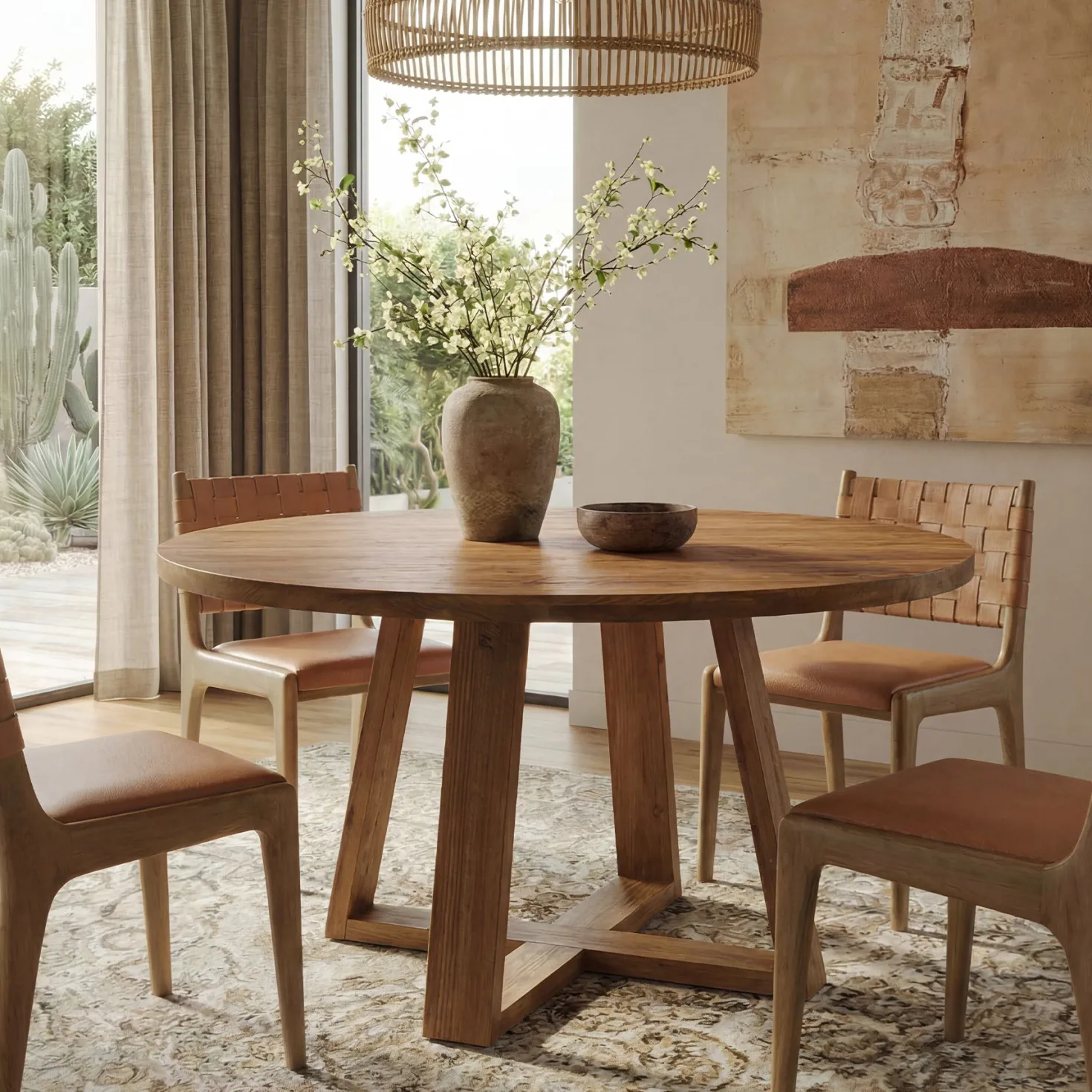47.2" Round Dining Table, Farmhouse Solid Wood Kitchen Table with Trestle Base for 4