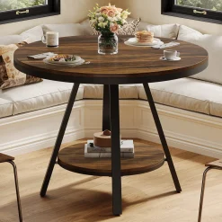 35" Round Dining Table for 2-4 People, 2-Tier Industrial Small Kitchen Dinner