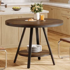 35" Round Dining Table for 2-4 People, 2-Tier Industrial Small Kitchen Dinner