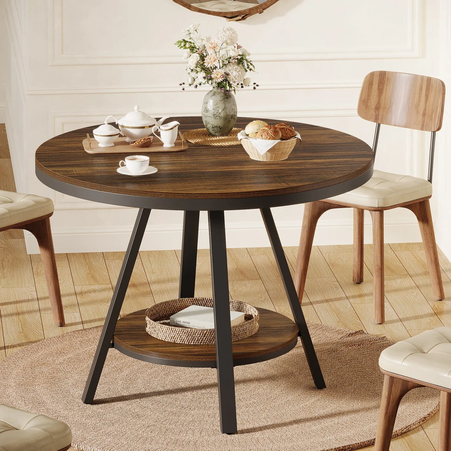 35" Round Dining Table for 2-4 People, 2-Tier Industrial Small Kitchen Dinner