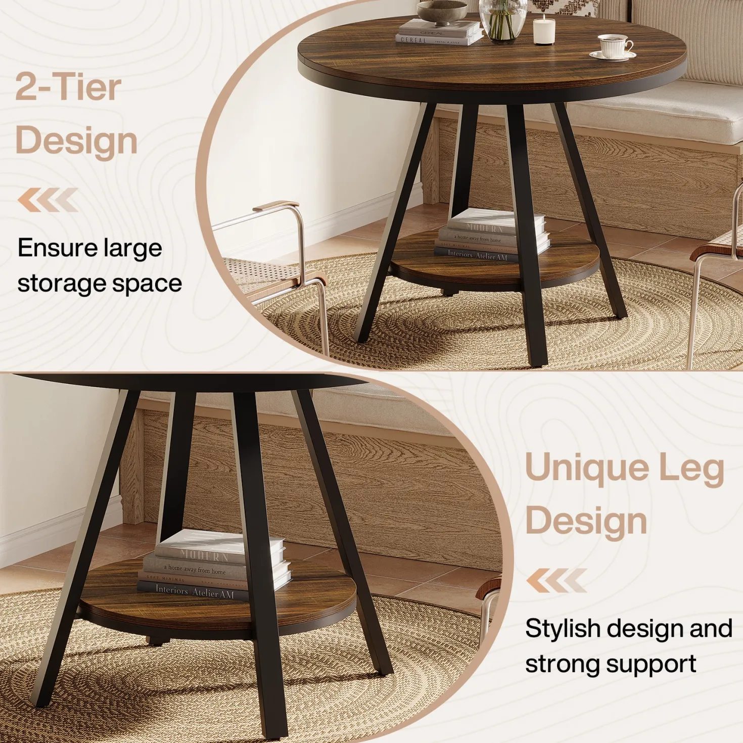 35" Round Dining Table for 2-4 People, 2-Tier Industrial Small Kitchen Dinner