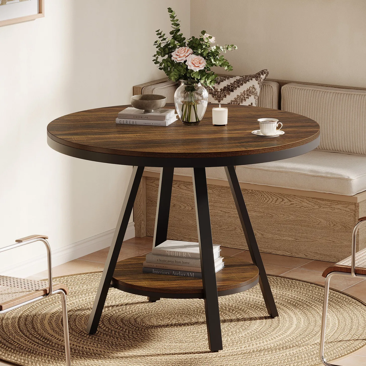 35" Round Dining Table for 2-4 People, 2-Tier Industrial Small Kitchen Dinner