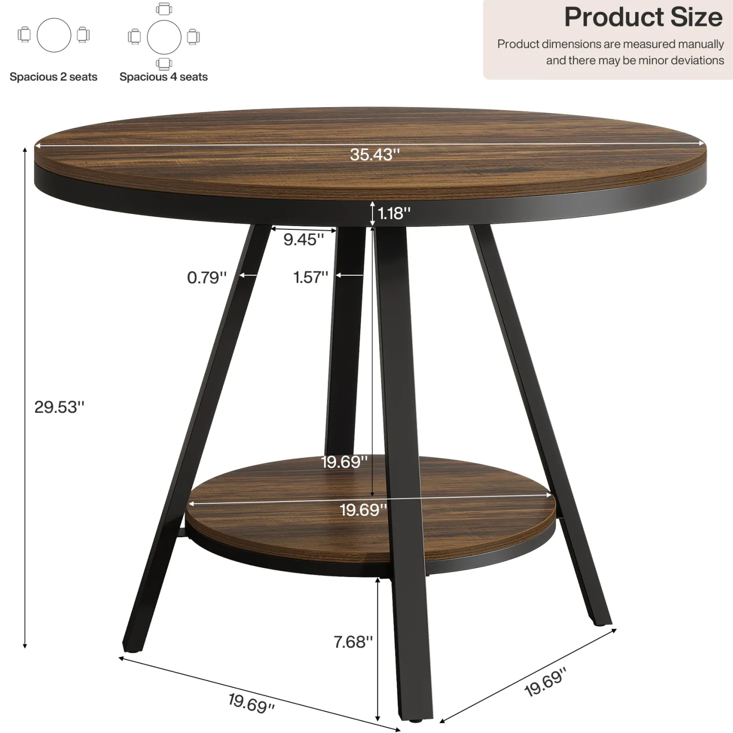35" Round Dining Table for 2-4 People, 2-Tier Industrial Small Kitchen Dinner