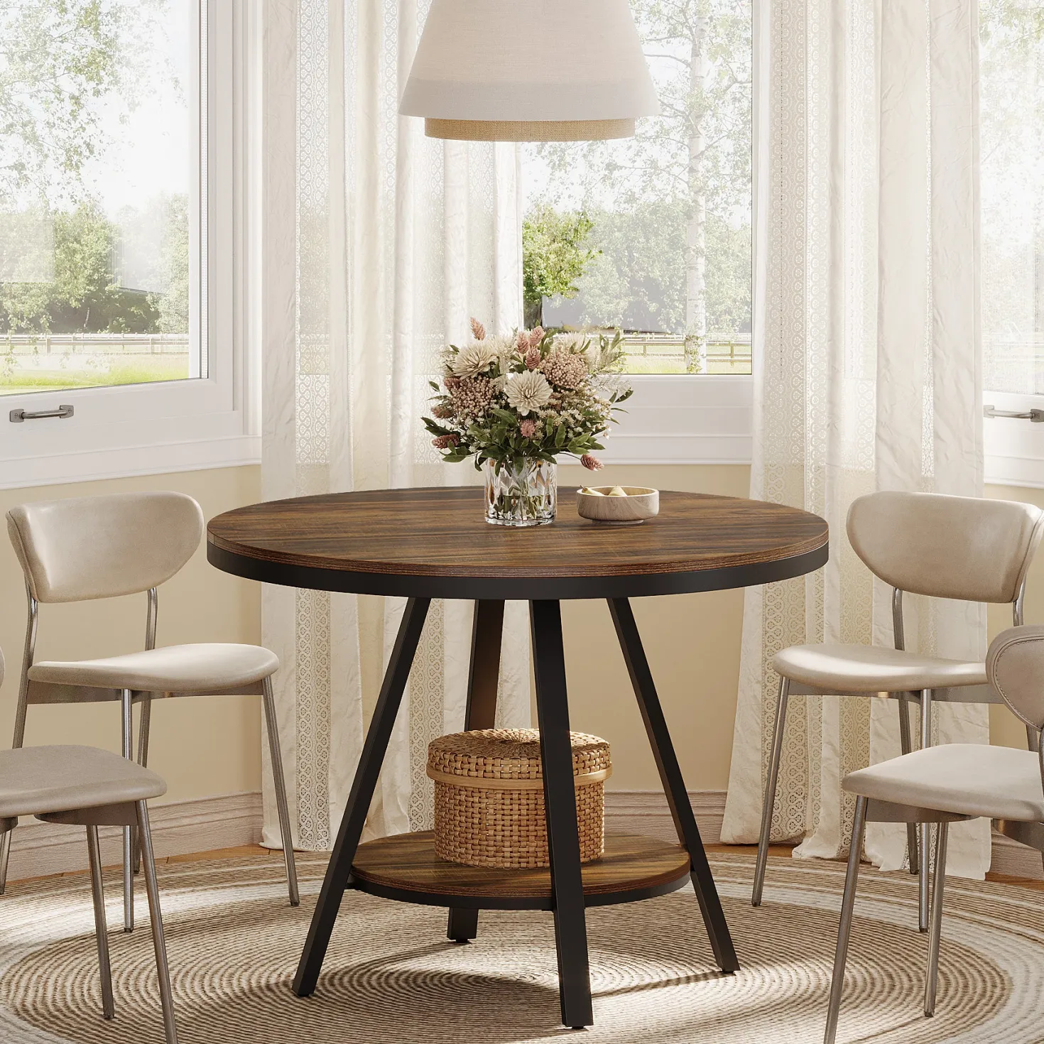 35" Round Dining Table for 2-4 People, 2-Tier Industrial Small Kitchen Dinner