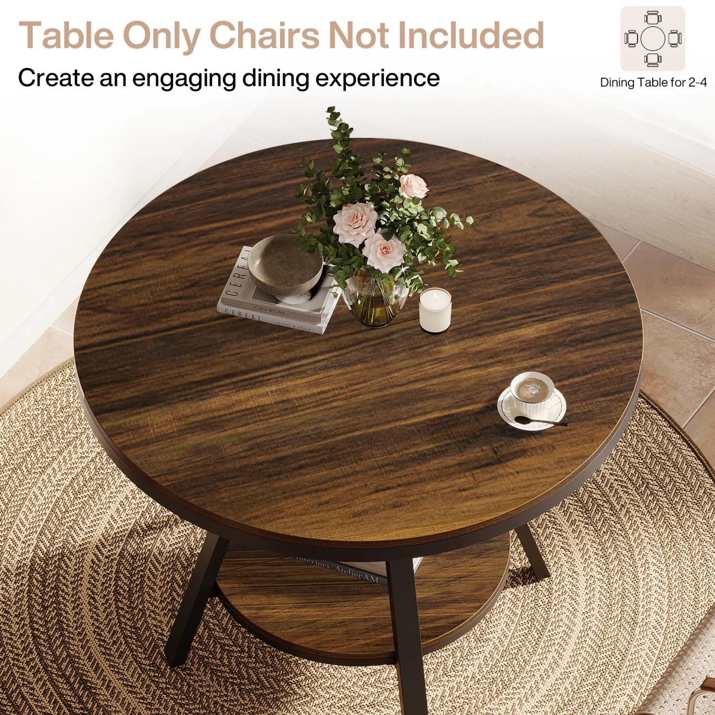 35" Round Dining Table for 2-4 People, 2-Tier Industrial Small Kitchen Dinner
