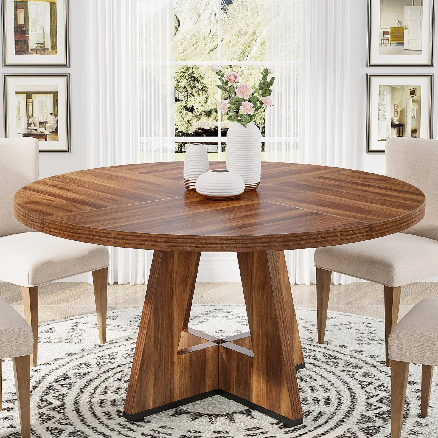 47" Round Dining Table for 4-6, Farmhouse Kitchen Table Table for Dining Room