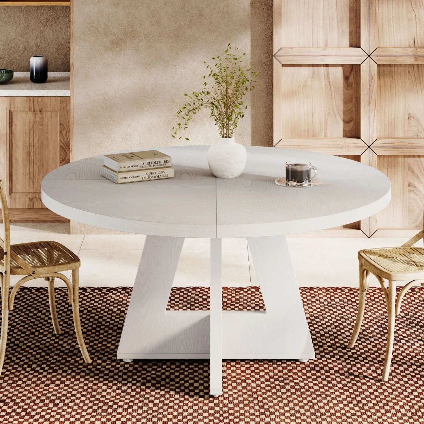47" Round Dining Table for 4-6, Farmhouse Kitchen Table Table for Dining Room