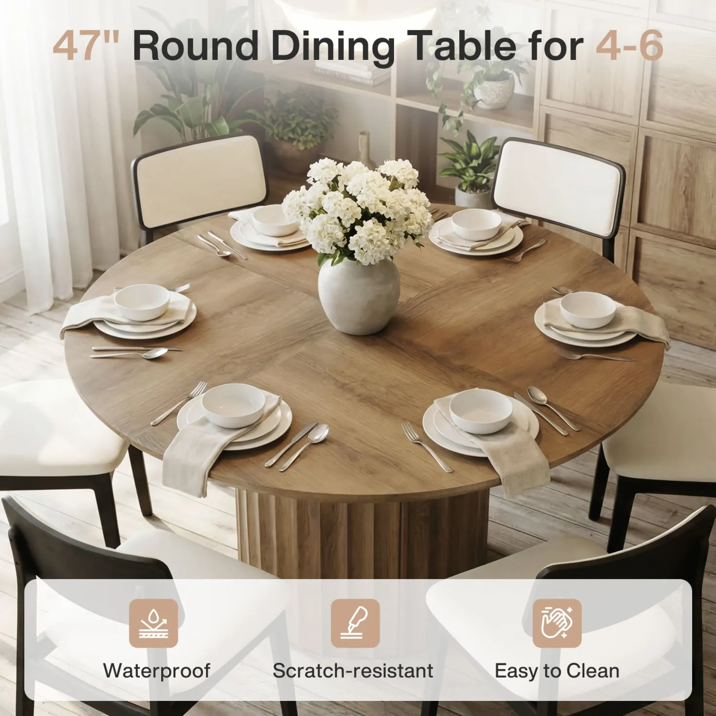 47" Round Dining Table for 4-6, Modern Kitchen Table with Fluted Pedestal Base for Dining Room