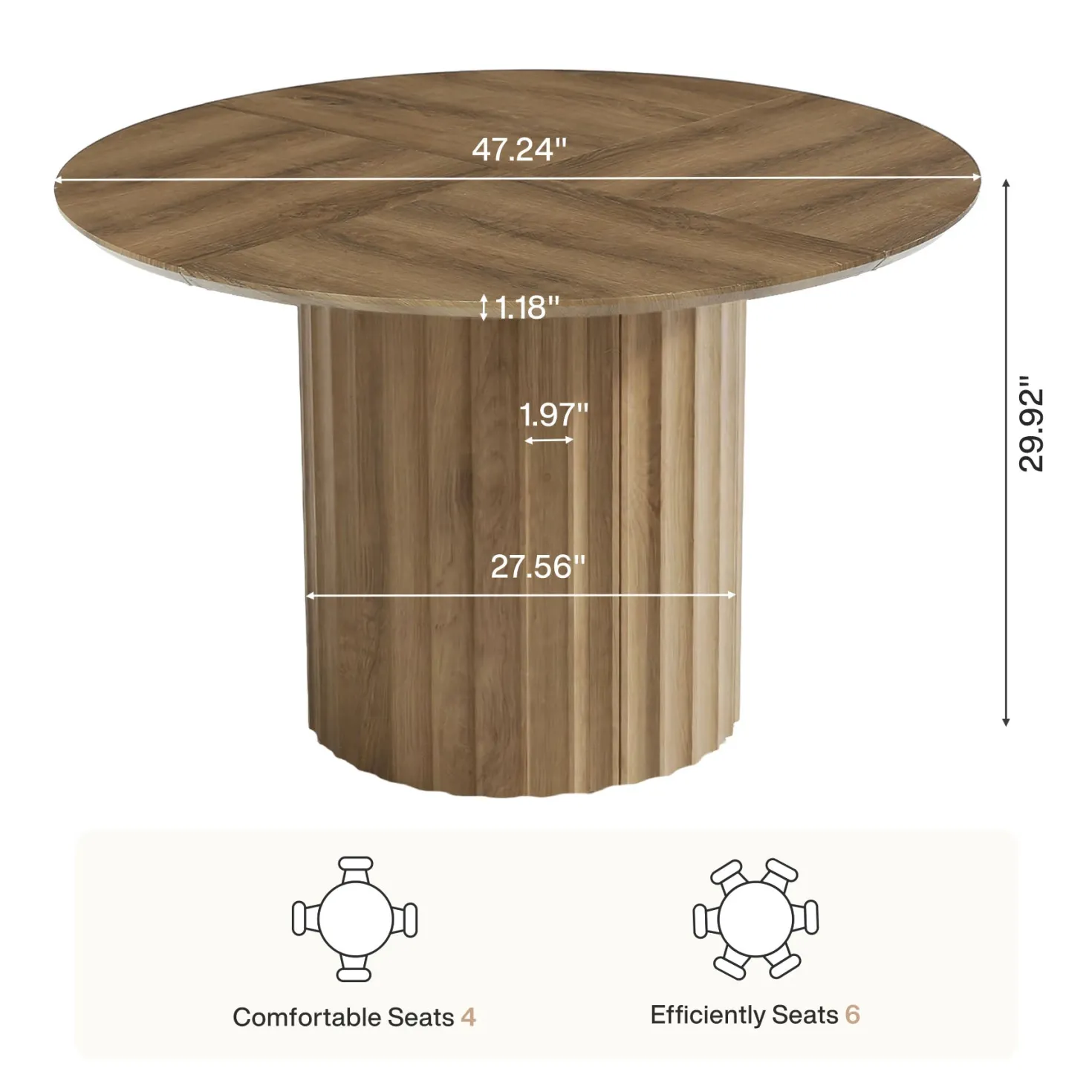 47" Round Dining Table for 4-6, Modern Kitchen Table with Fluted Pedestal Base for Dining Room