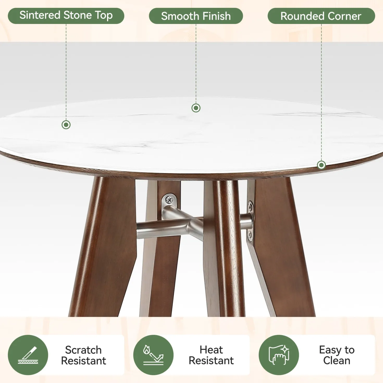 31.5" Round Dining Table, Modern Sintered Stone Kitchen Dinner Table