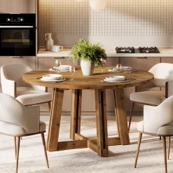 47" Round Dining Table, Solid Wood Kitchen Table with Sturdy Legs for 4-6