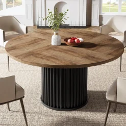47" Round Dining Table, Wood Kitchen Table With Sturdy Fluted Metal Base