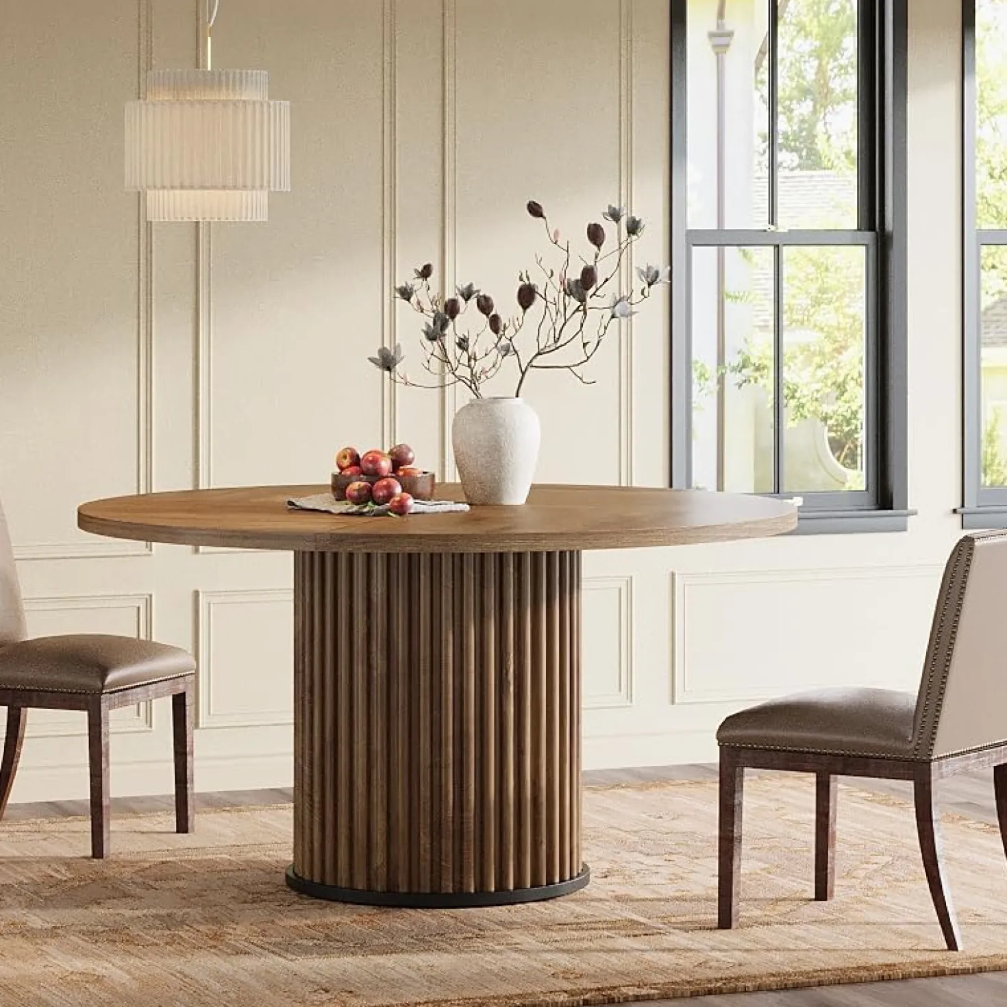 47" Round Dining Table, Wood Kitchen Table With Sturdy Fluted Metal Base
