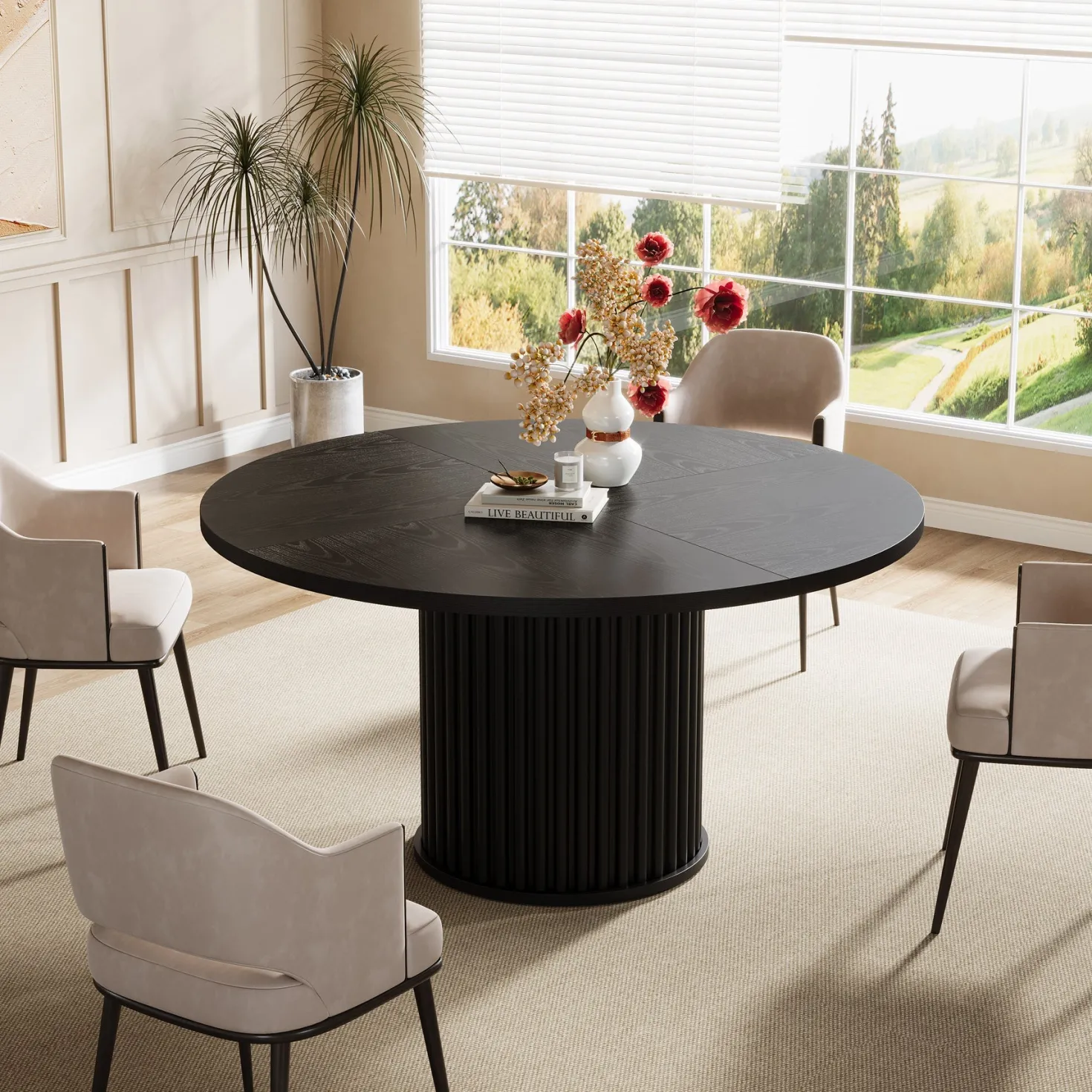 47" Round Dining Table, Wood Kitchen Table With Sturdy Fluted Metal Base