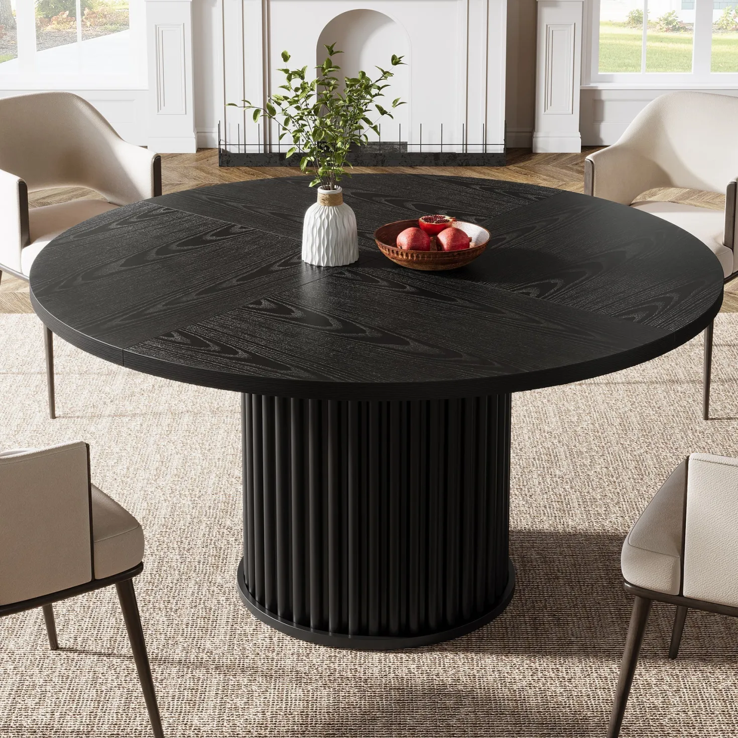 47" Round Dining Table, Wood Kitchen Table With Sturdy Fluted Metal Base
