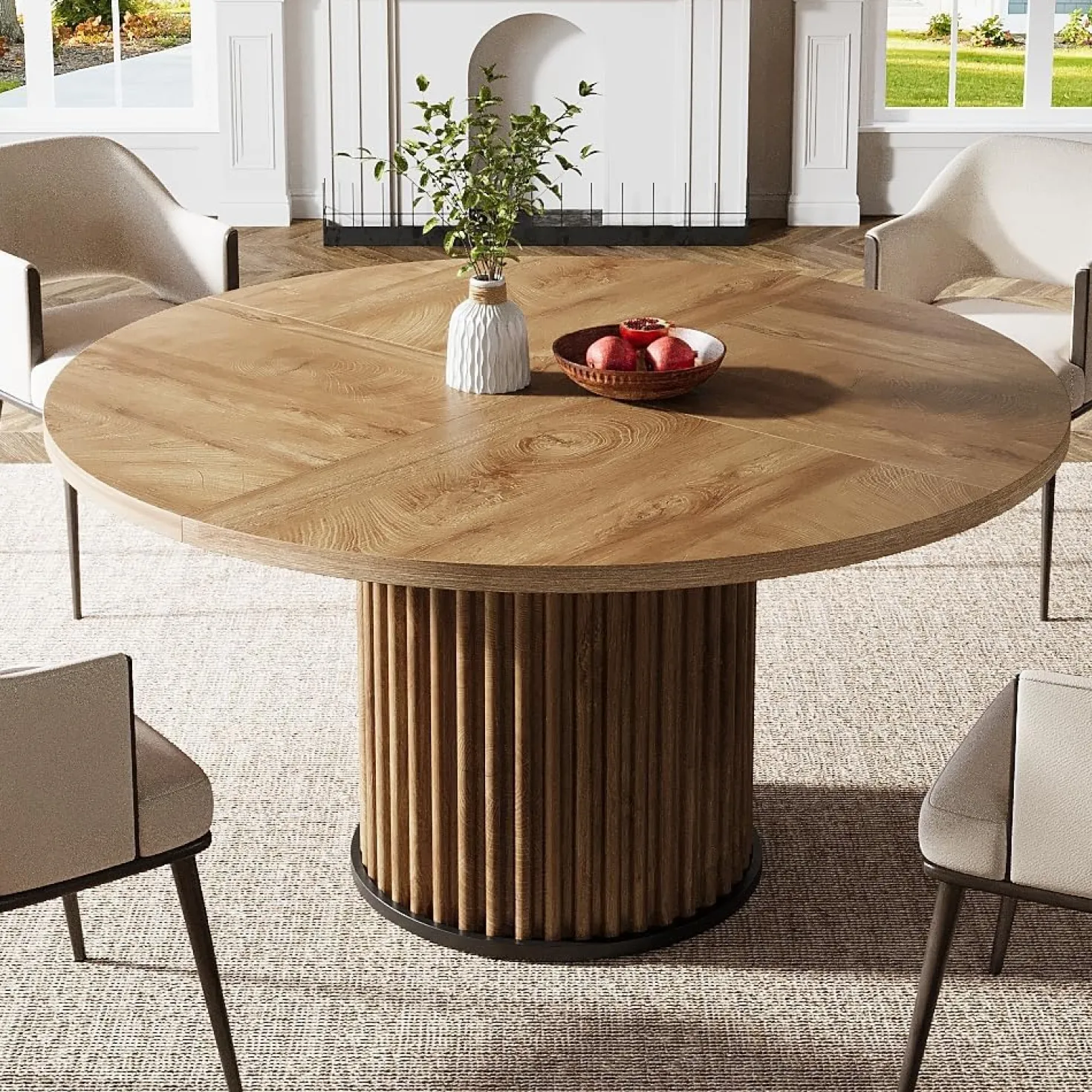 47" Round Dining Table, Wood Kitchen Table With Sturdy Fluted Metal Base