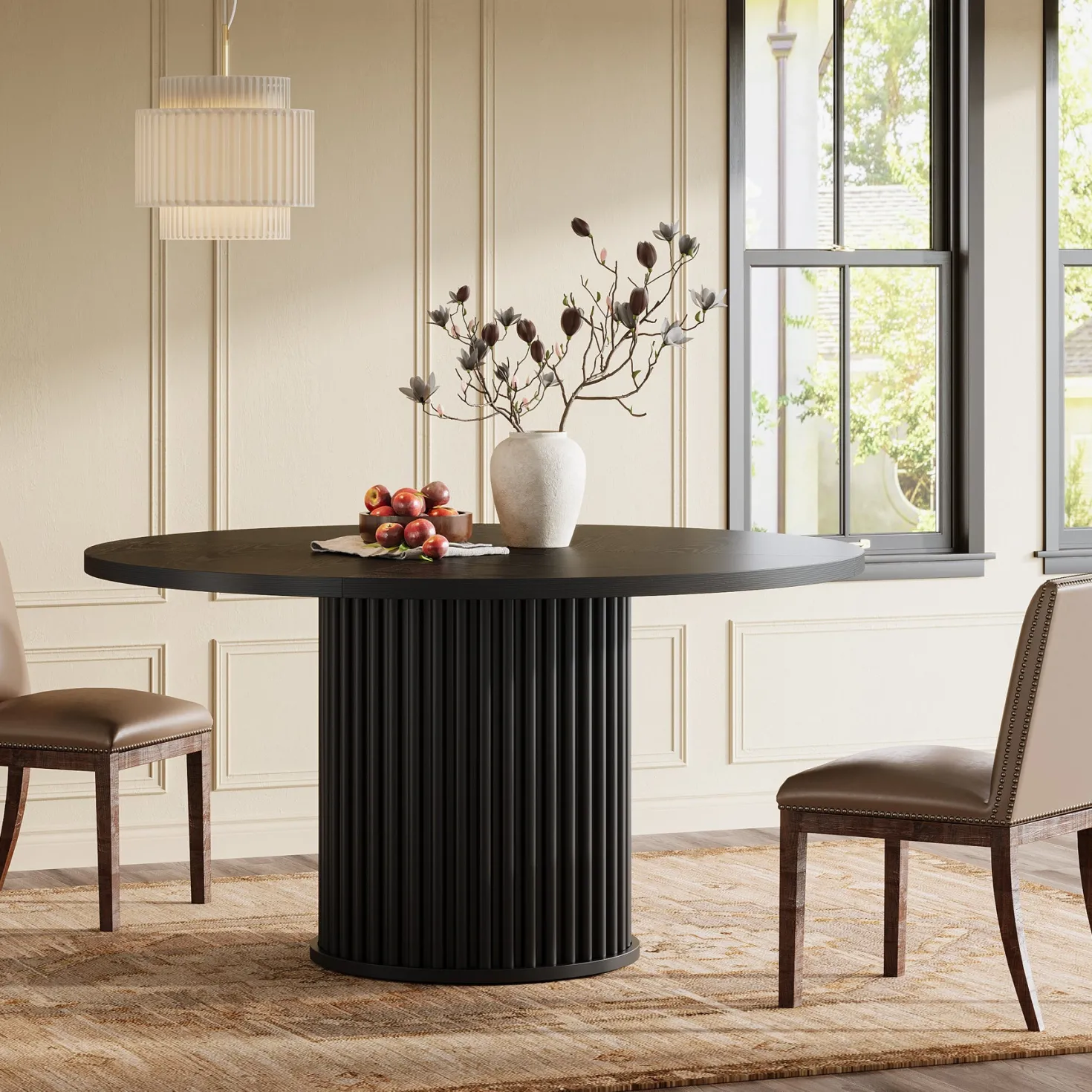 47" Round Dining Table, Wood Kitchen Table With Sturdy Fluted Metal Base