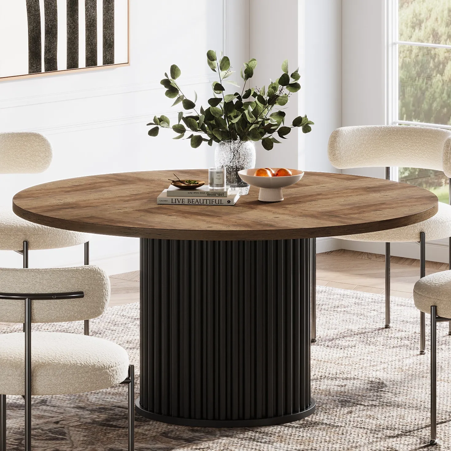 47" Round Dining Table, Wood Kitchen Table With Sturdy Fluted Metal Base
