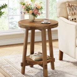 19.6" Round End Table, Solid Wood Side Table with 2-Tier Storage