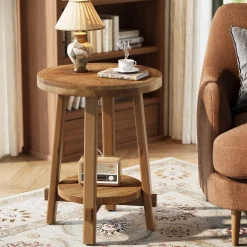 19.6" Round End Table, Solid Wood Side Table with 2-Tier Storage