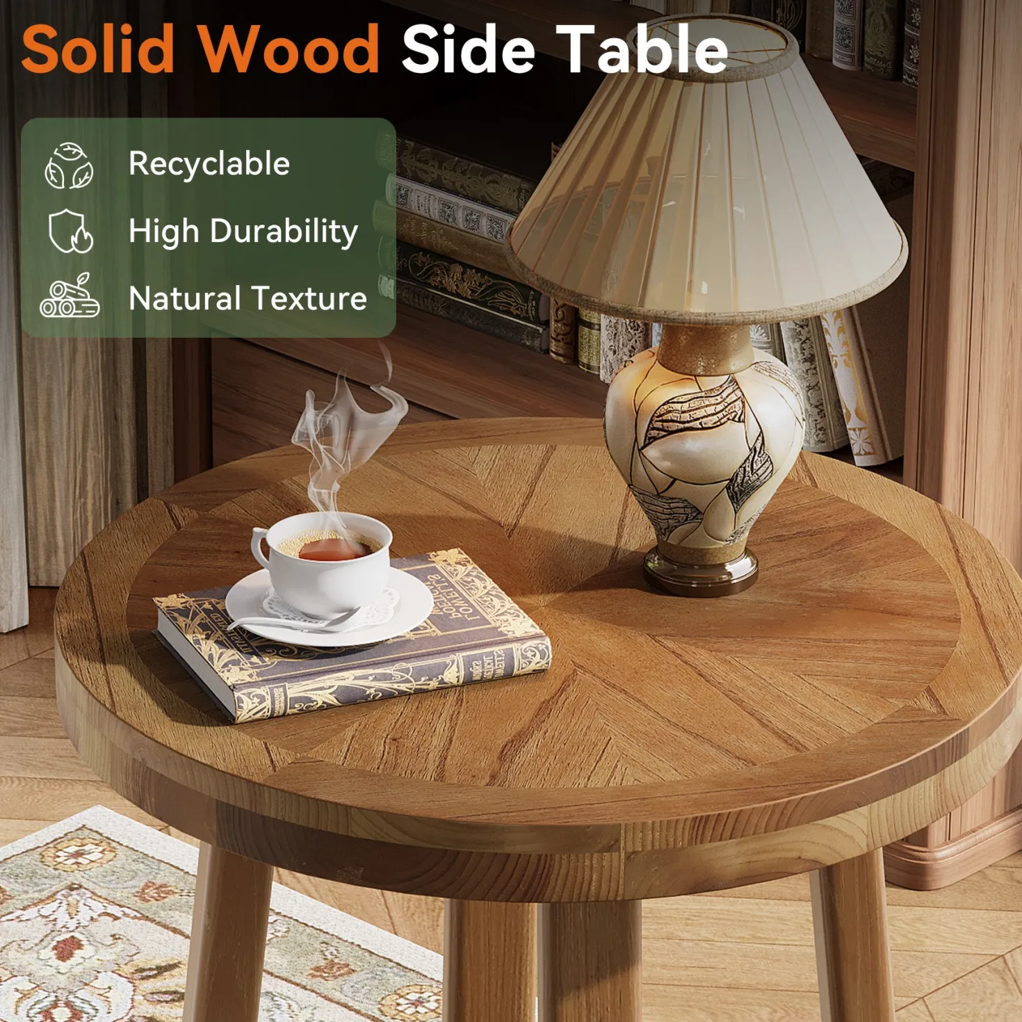 19.6" Round End Table, Solid Wood Side Table with 2-Tier Storage