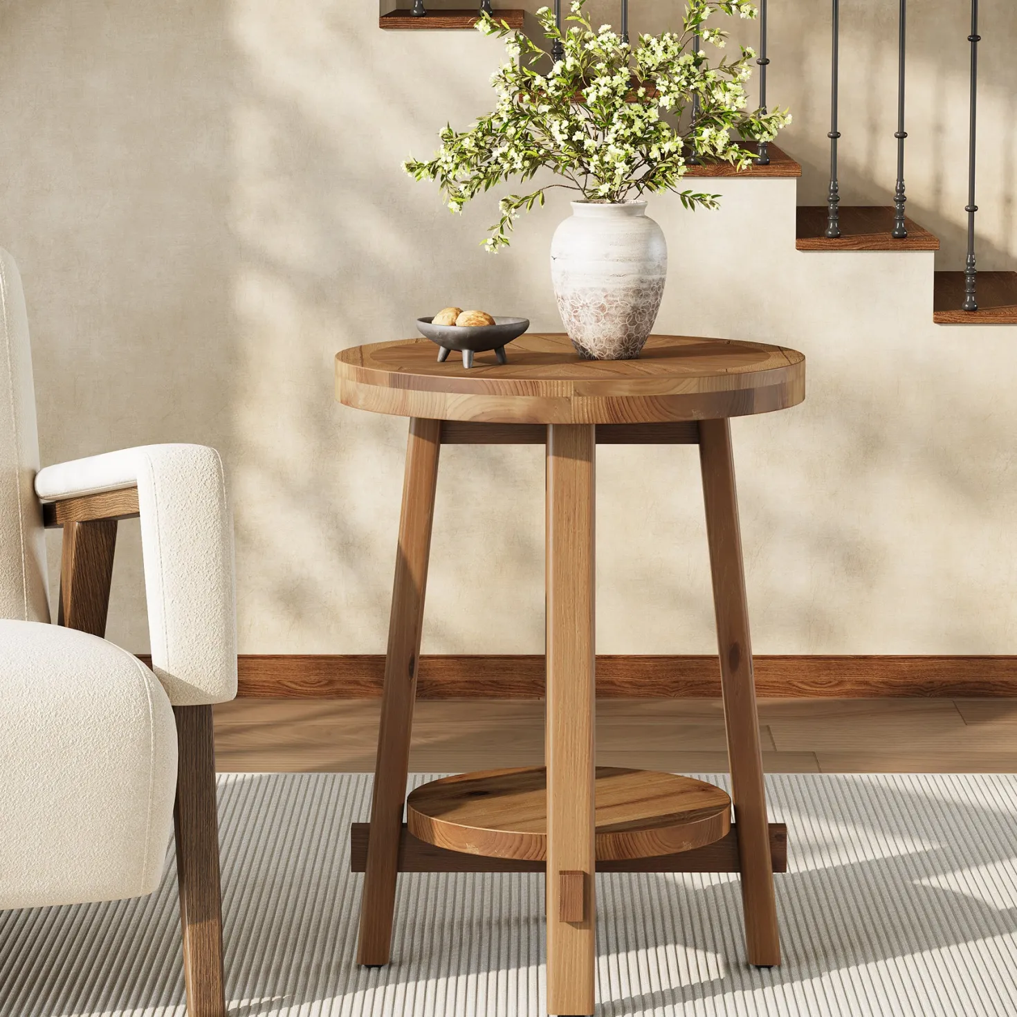 19.6" Round End Table, Solid Wood Side Table with 2-Tier Storage