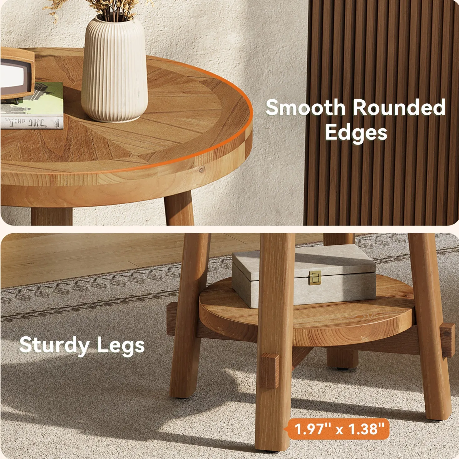 19.6" Round End Table, Solid Wood Side Table with 2-Tier Storage