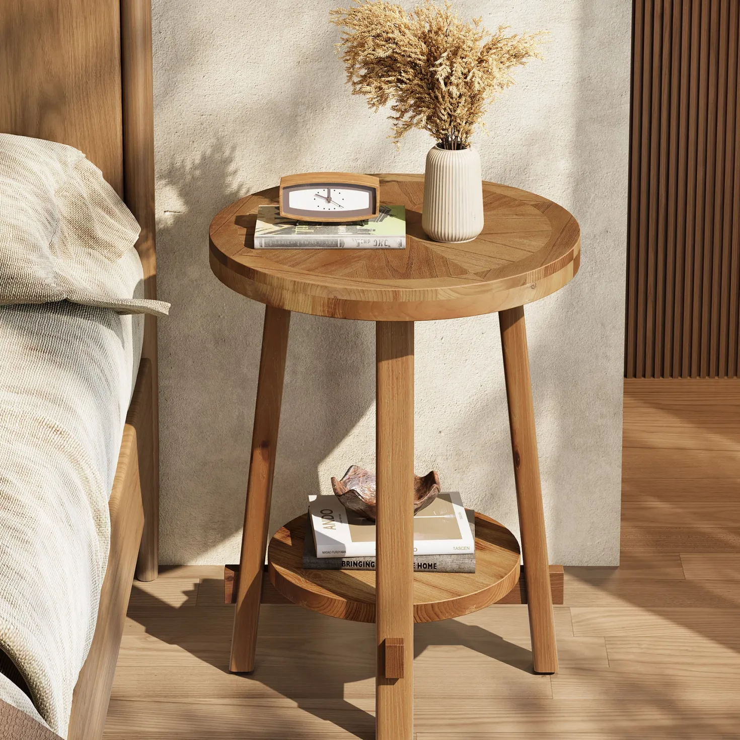 19.6" Round End Table, Solid Wood Side Table with 2-Tier Storage