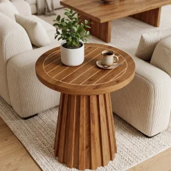 20" Round Side Table, Solid Wood End Table with Fluted Base for Living Room