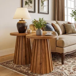 20" Round Side Table, Solid Wood End Table with Fluted Base for Living Room