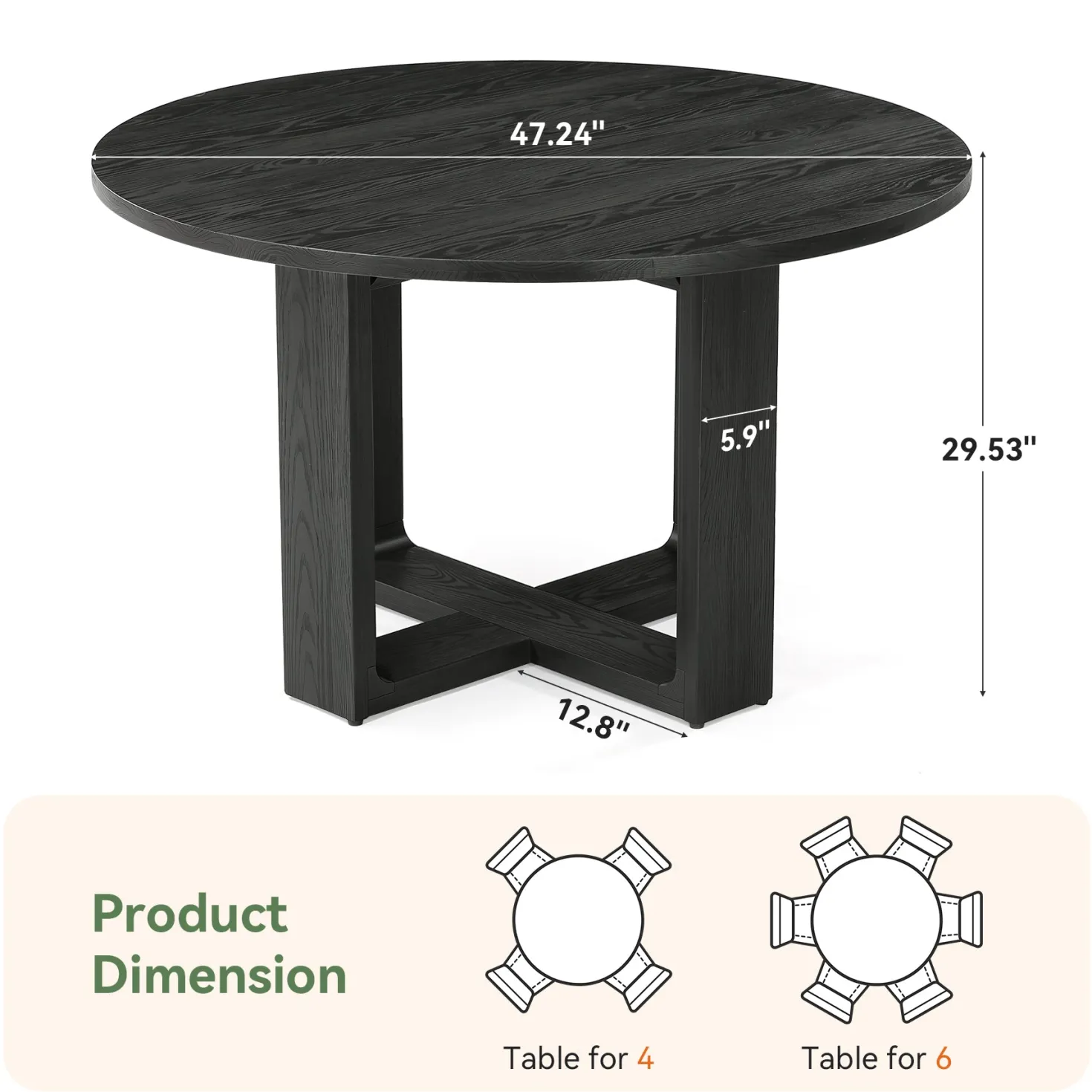47.24" Round Solid Wood Dining Table, Black Kitchen Table for 4–6 with Cross-Shaped Base