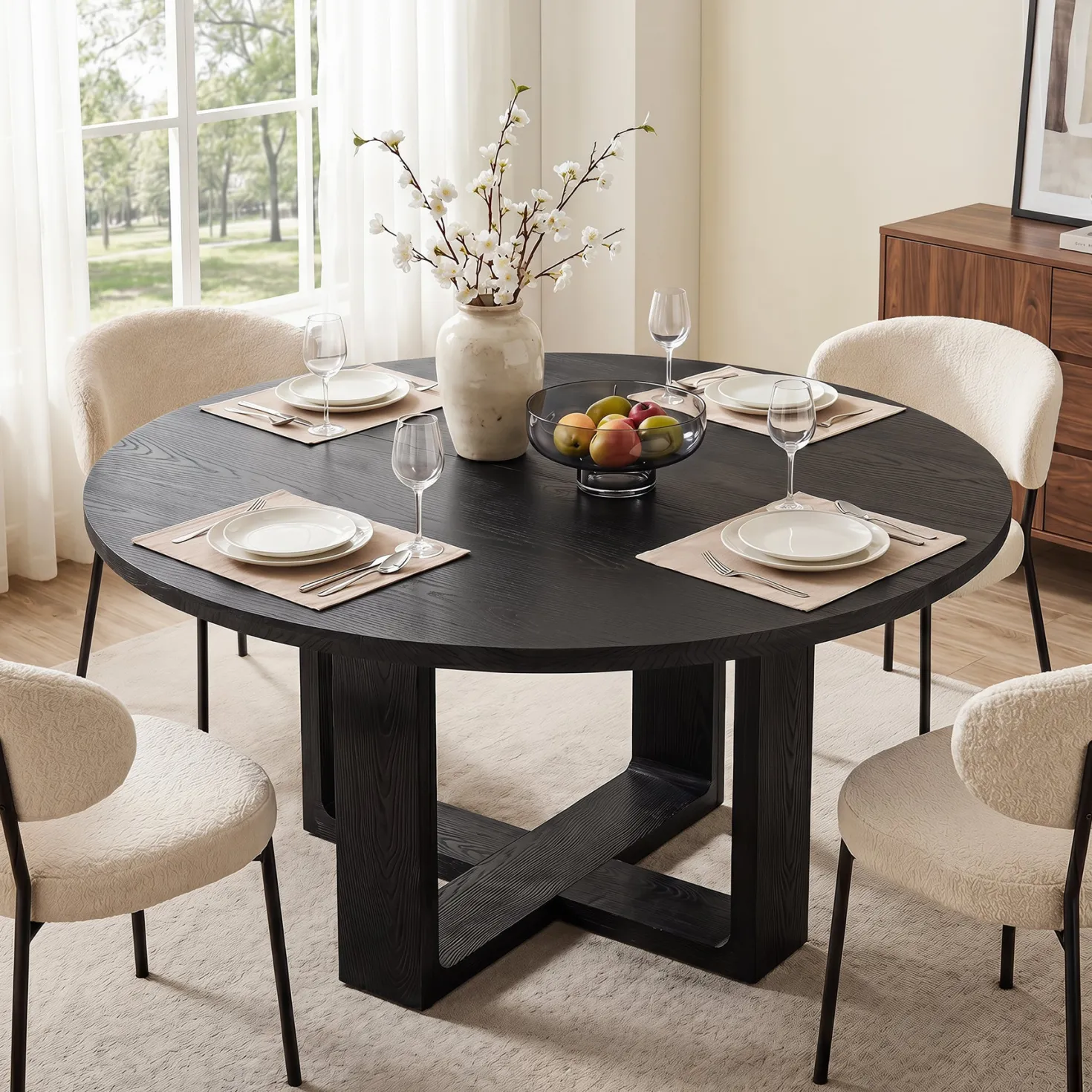 47.24" Round Solid Wood Dining Table, Black Kitchen Table for 4–6 with Cross-Shaped Base