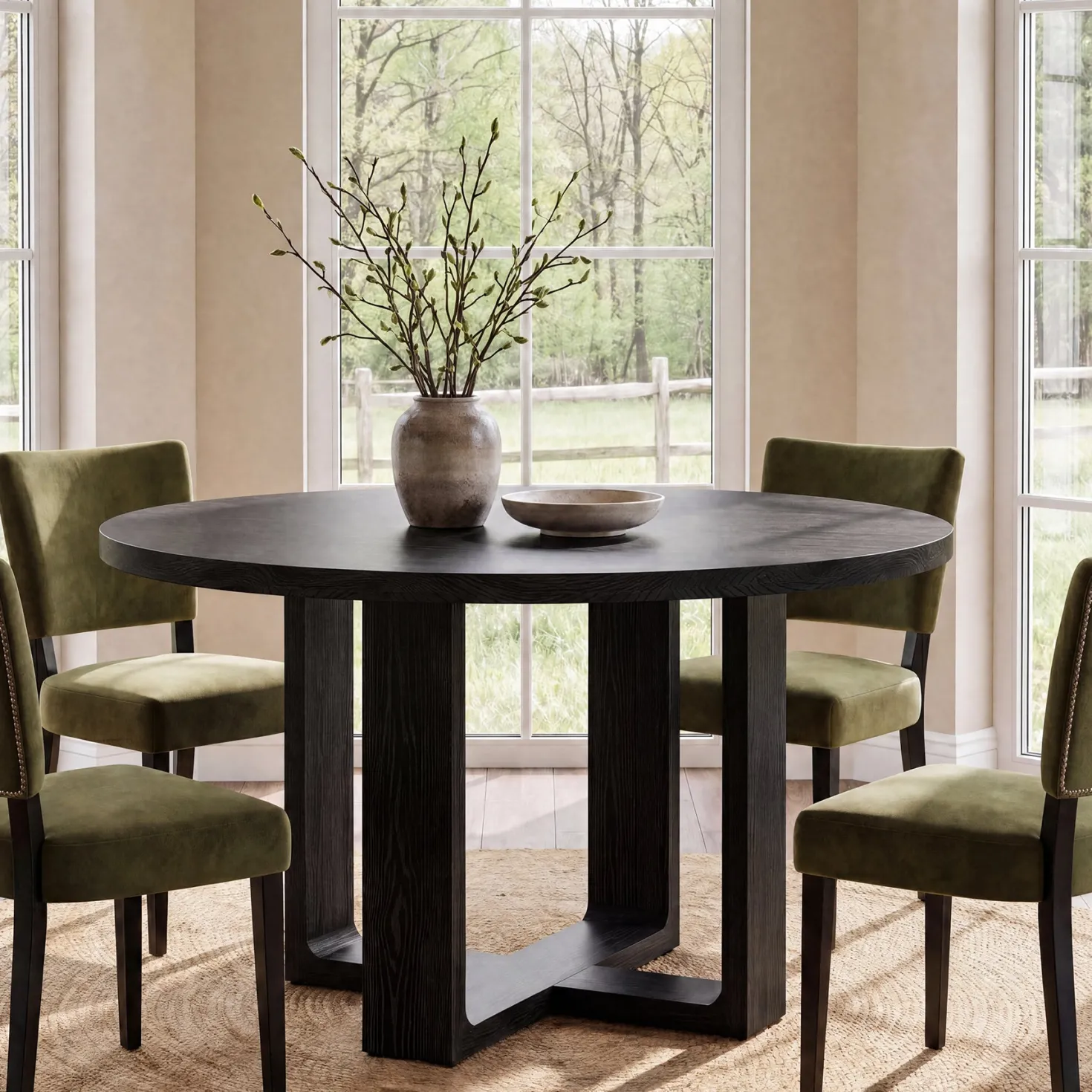 47.24" Round Solid Wood Dining Table, Black Kitchen Table for 4–6 with Cross-Shaped Base