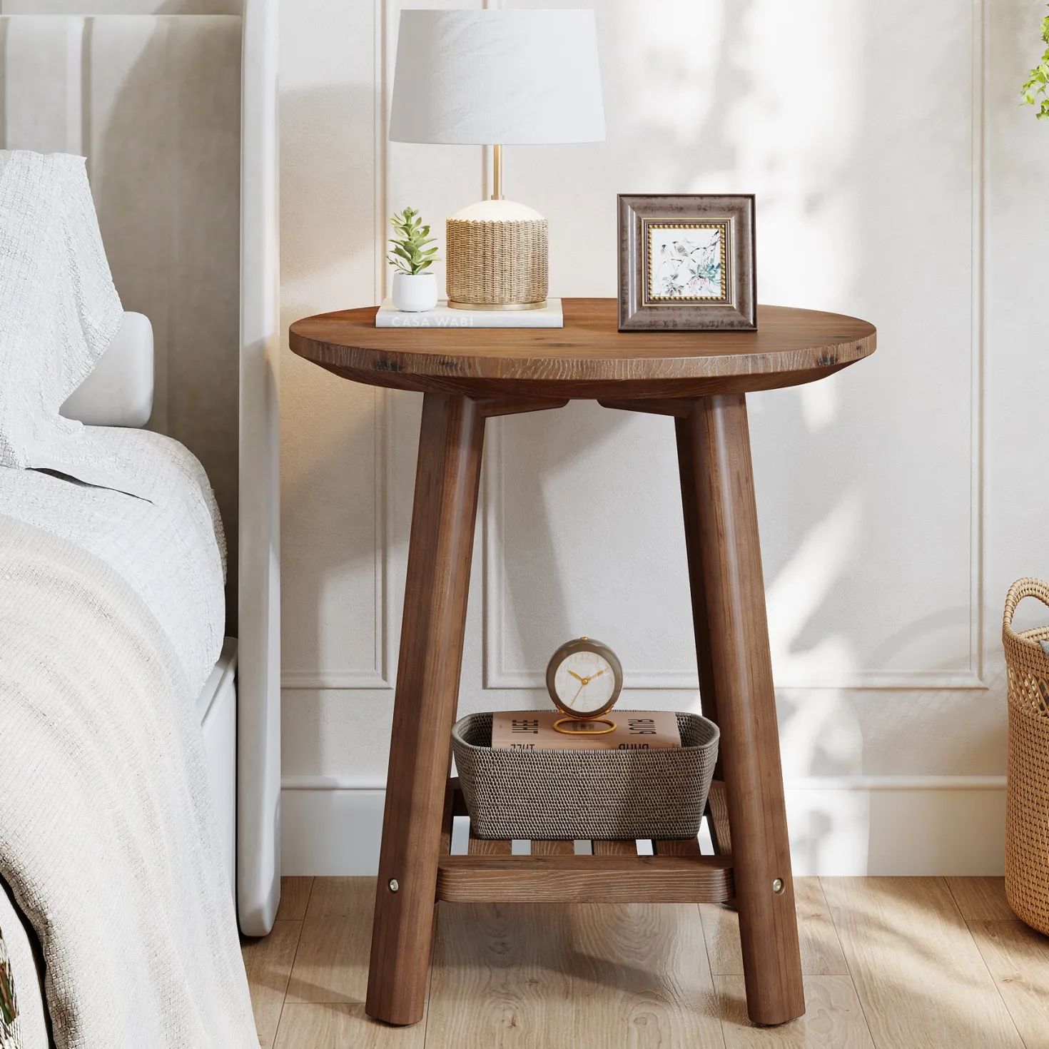 23.62" Round Solid Wood Side Table, 2-Tier Farmhouse Storage Shelf Walnut
