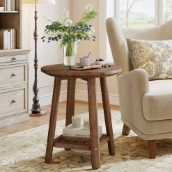 23.62" Round Solid Wood Side Table, 2-Tier Farmhouse Storage Shelf Walnut