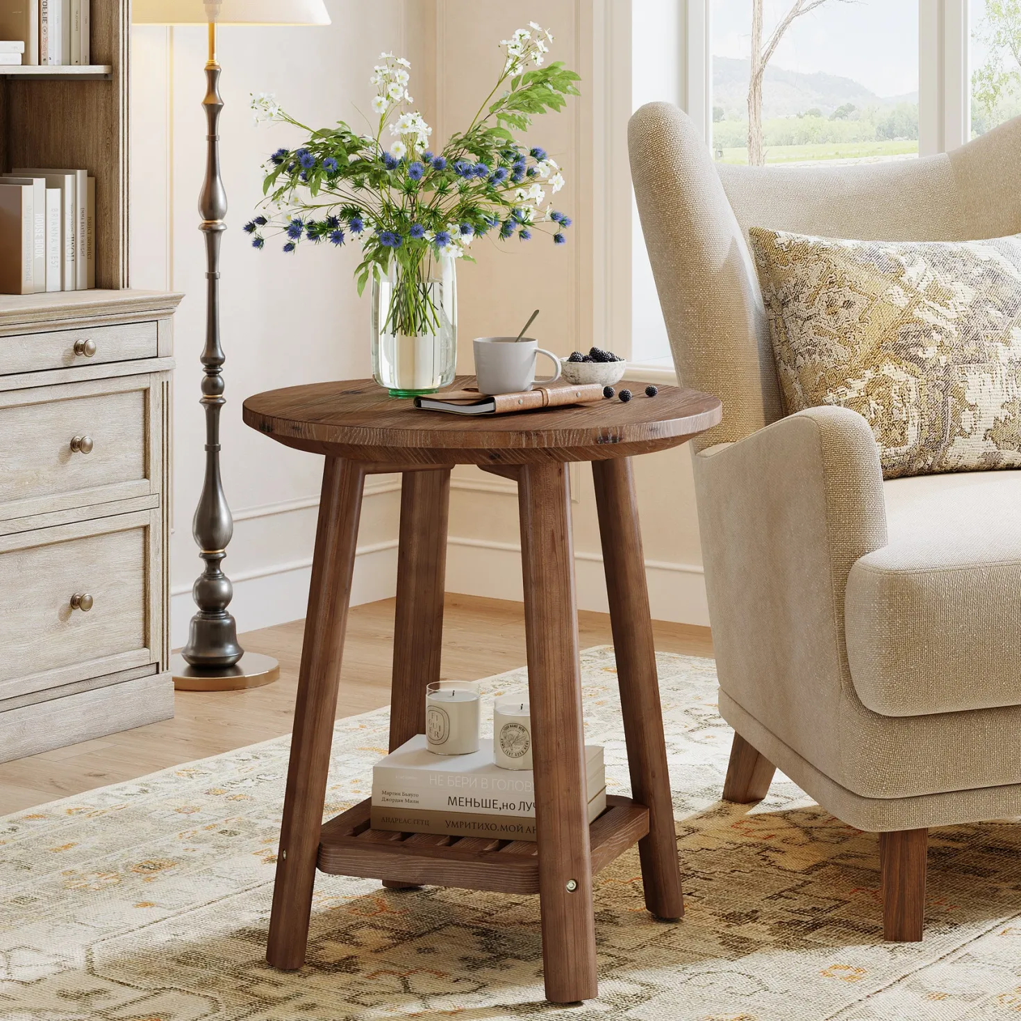 23.62" Round Solid Wood Side Table, 2-Tier Farmhouse Storage Shelf Walnut