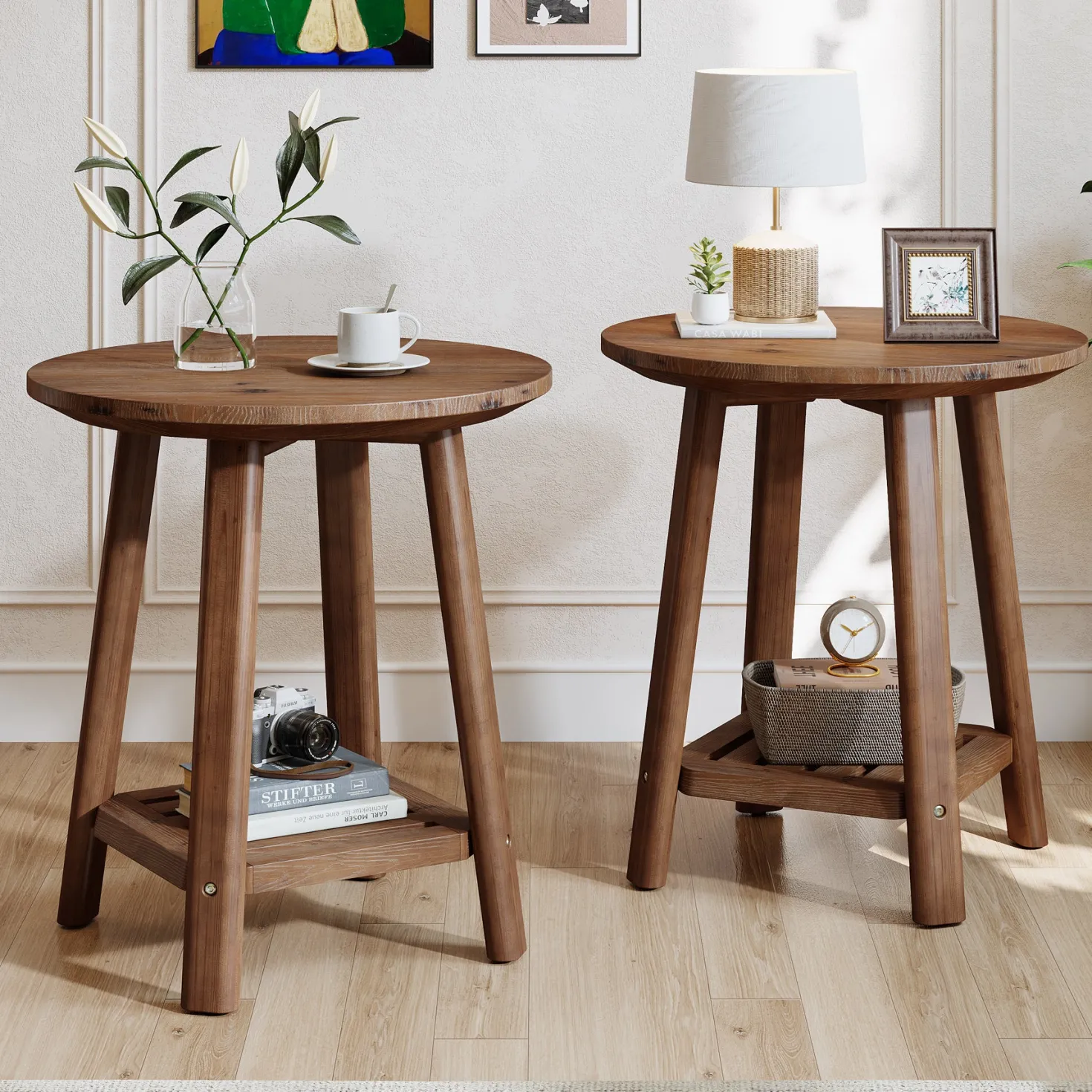 23.62" Round Solid Wood Side Table, 2-Tier Farmhouse Storage Shelf Walnut