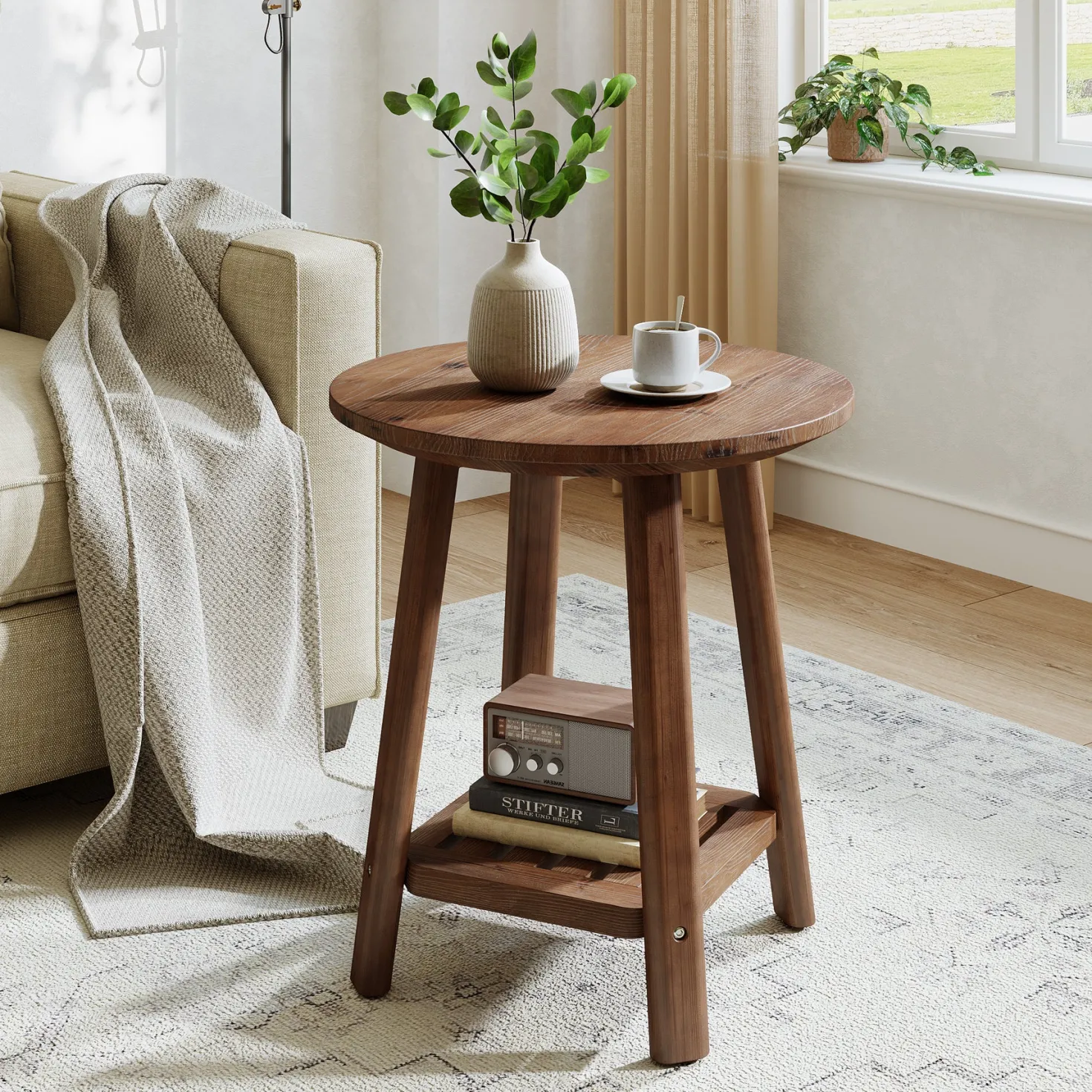 23.62" Round Solid Wood Side Table, 2-Tier Farmhouse Storage Shelf Walnut