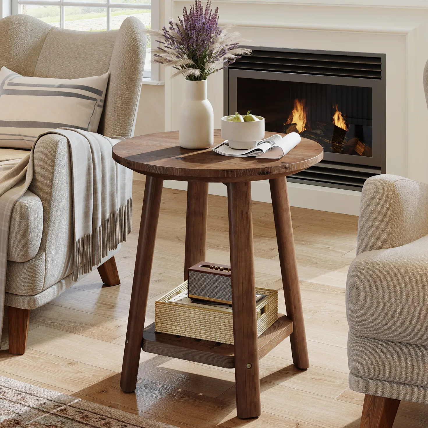 23.62" Round Solid Wood Side Table, 2-Tier Farmhouse Storage Shelf Walnut