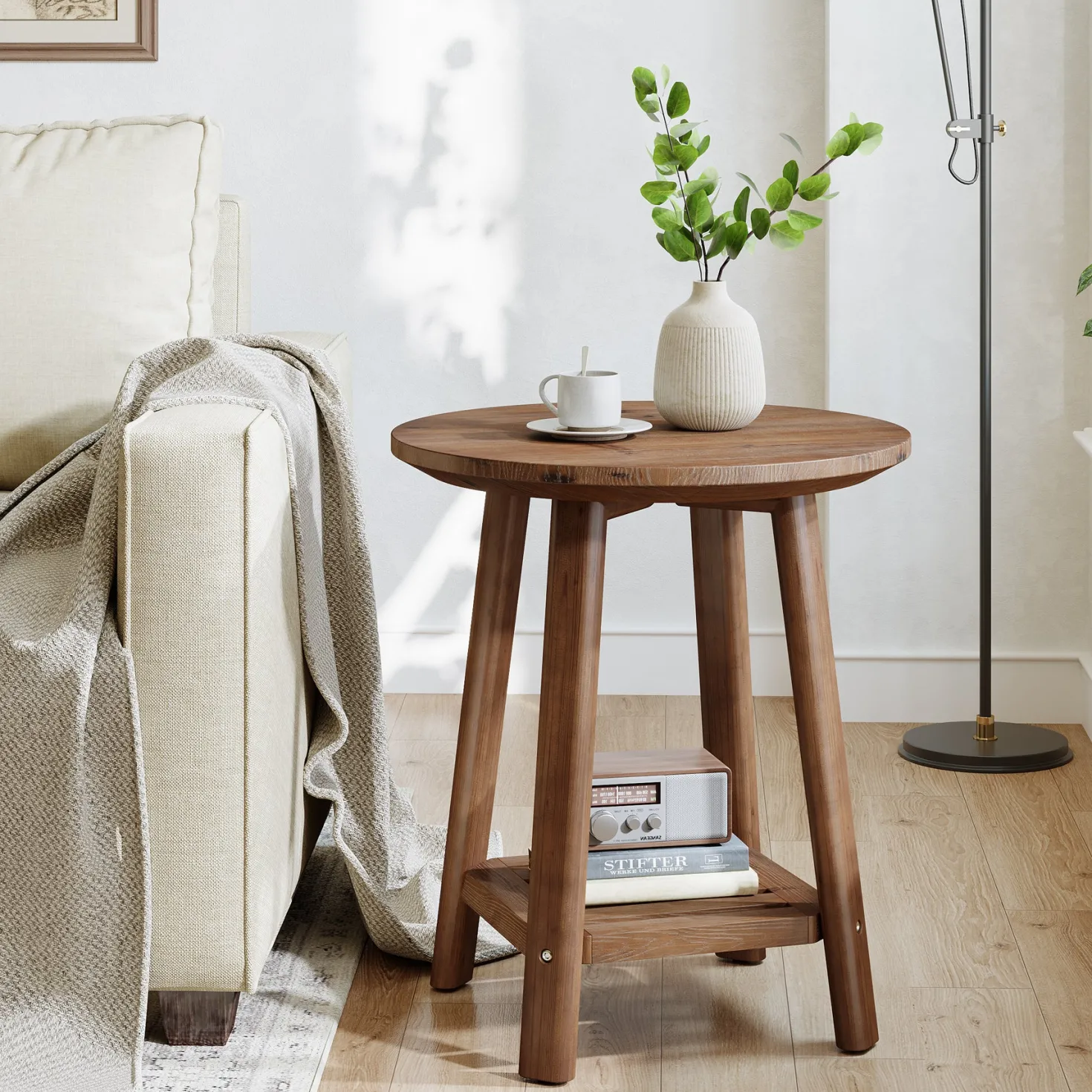 23.62" Round Solid Wood Side Table, 2-Tier Farmhouse Storage Shelf Walnut