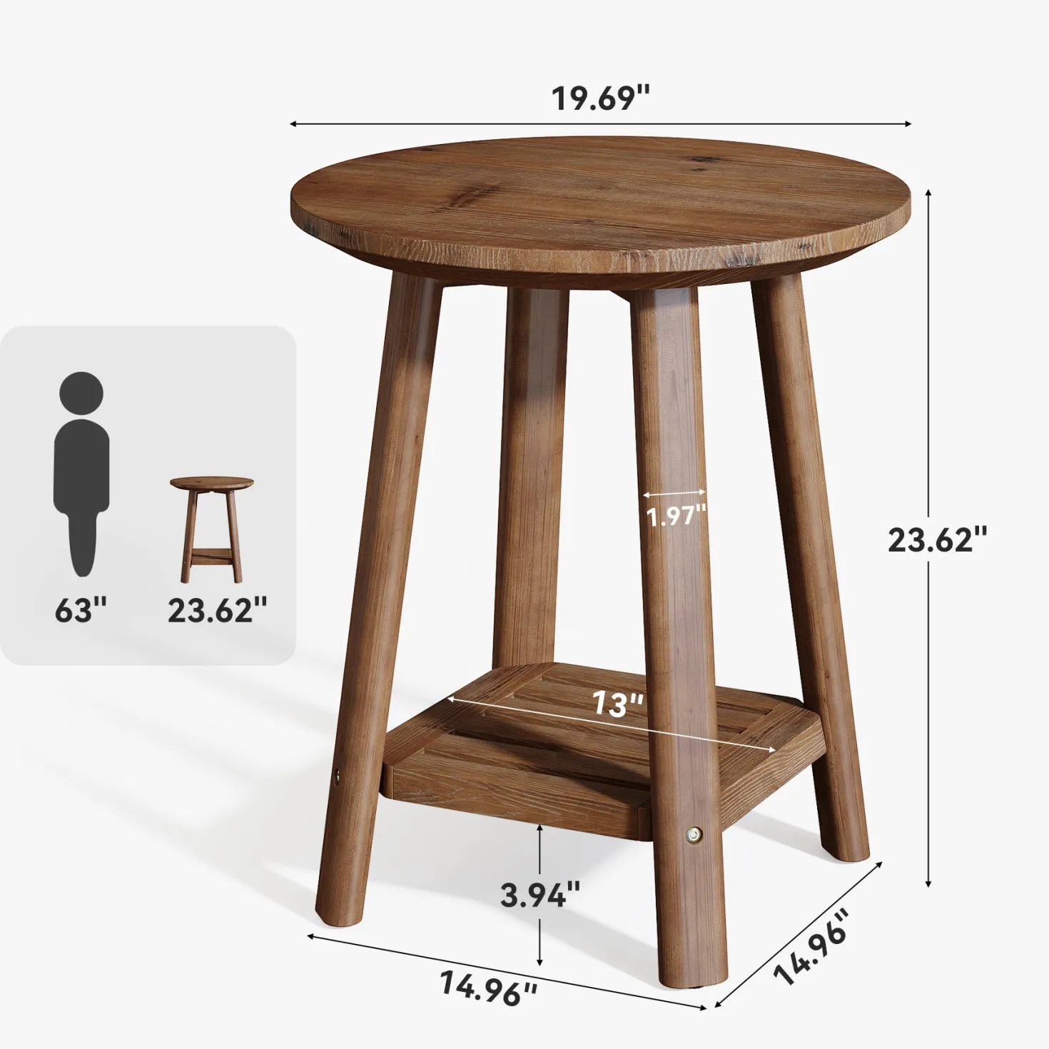 23.62" Round Solid Wood Side Table, 2-Tier Farmhouse Storage Shelf Walnut