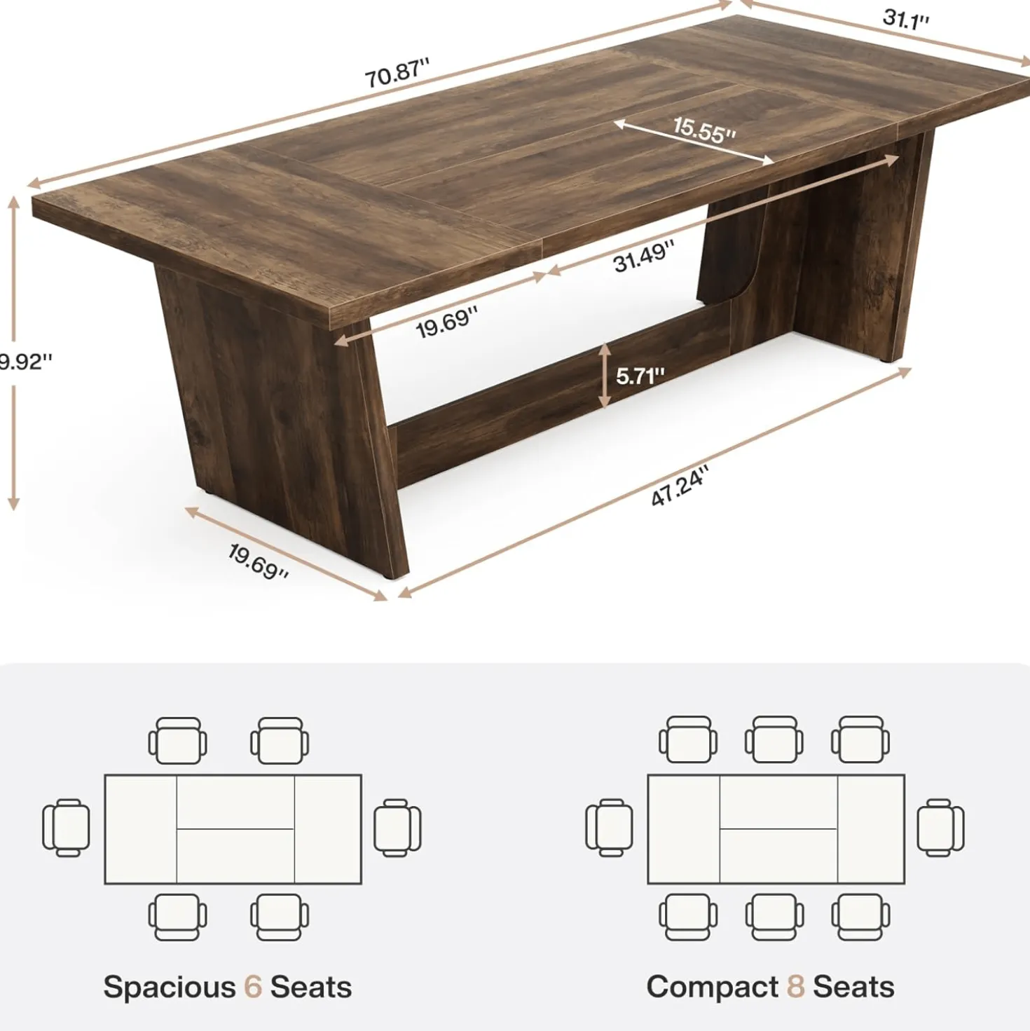 70.87" Rustic Brown Dining Table, Large Farmhouse Rectangular Table with Solid Pedestal Base