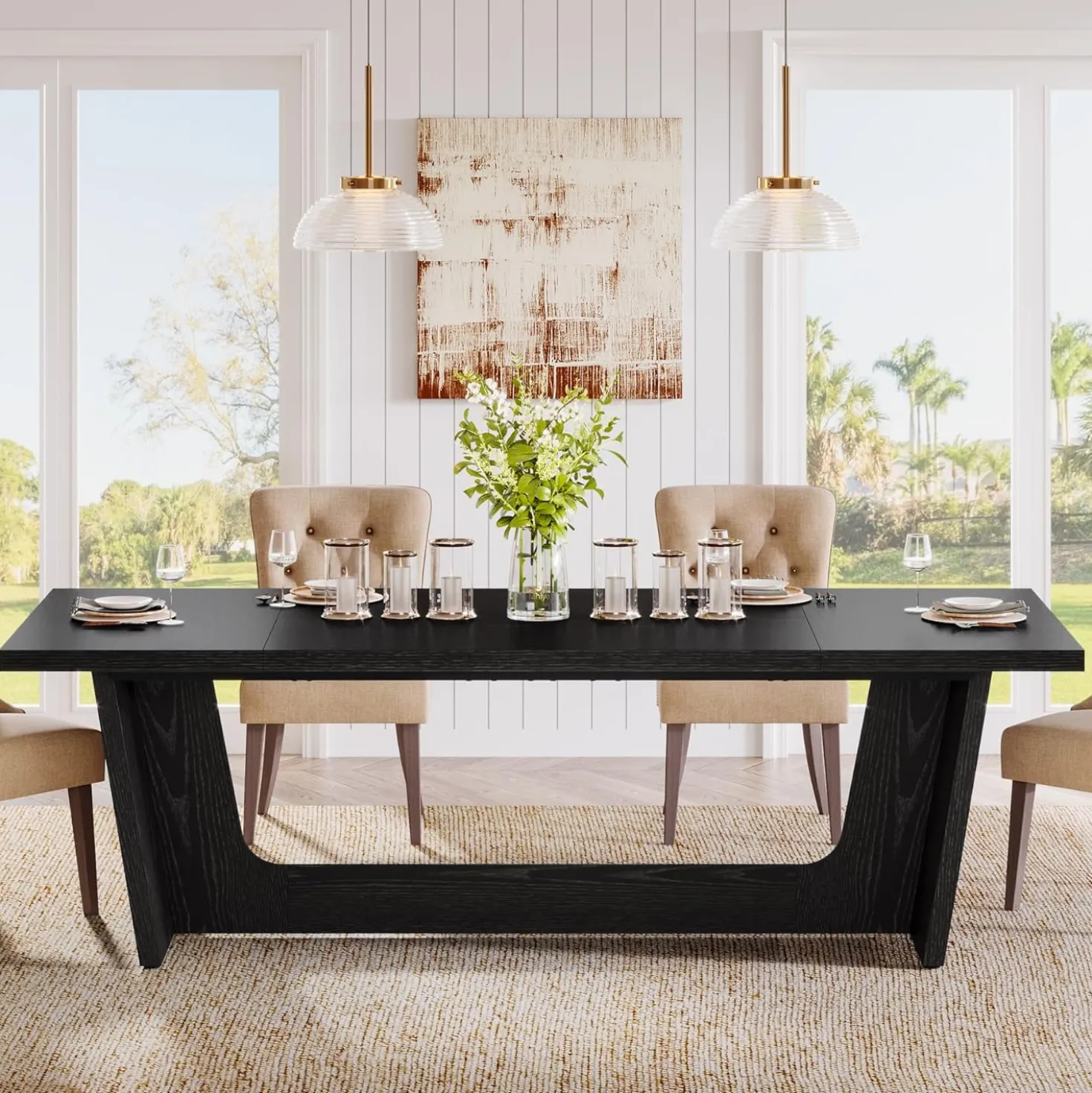 70.87" Rustic Brown Dining Table, Large Farmhouse Rectangular Table with Solid Pedestal Base